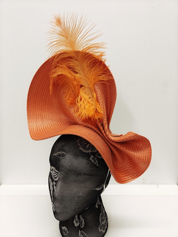 orange large straw fascinator millinery burlesque wedding hat on headband ascot party race cosplay handmade unique design