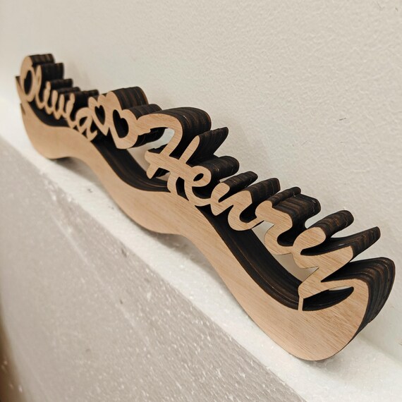 Personalised bespoke love heart laser cut engraved wood name word desk table stand free standing wall door plaque sign logo design service