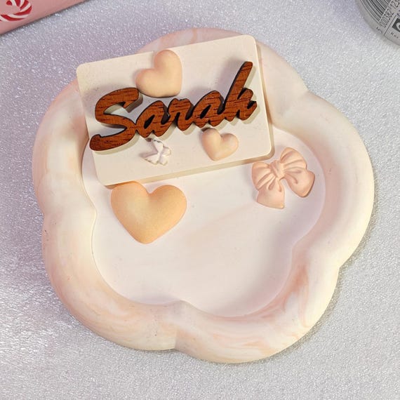 Custom hand made personalised bespoke real hard solid wood laser cut name word plaster gypsum jewellery coin trinket key tray dish plate