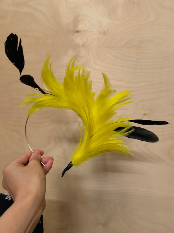 Yellow black feather headband fascinator millinery burlesque hair clip hen party bridal ascot race fancy dress british
