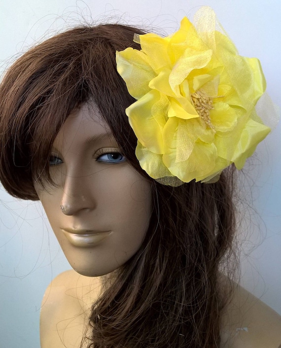 yellow satin flower fascinator millinery burlesque hair clip hen party bridal ascot race fancy dress british