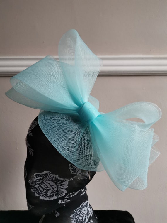 light pale baby blue duck egg crin fascinator millinery burlesque headband wedding hat hair piece