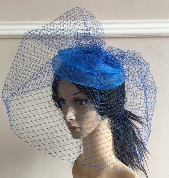 blue crin french veil veiling fascinator millinery burlesque hair clip hen party bridal ascot race fancy dress wedding British hat