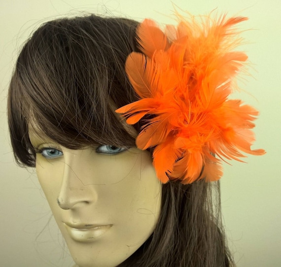 orange feather fascinator millinery burlesque hair clip hen party bridal ascot race fancy dress british
