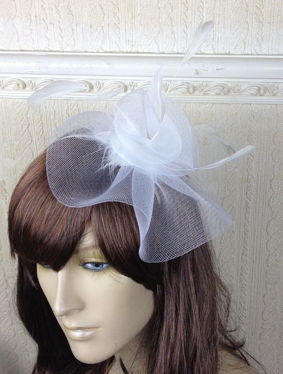 white feather fascinator millinery burlesque headband wedding hat hair piece