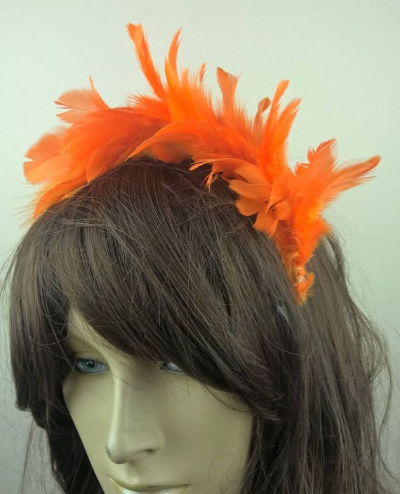 orange feather headband fascinator millinery burlesque hair clip hen party bridal ascot race fancy dress british