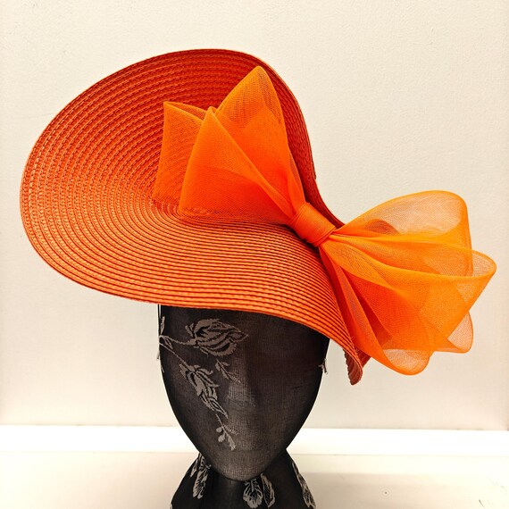 bright orange straw crinoline bow fascinator millinery burlesque wedding hat on headband ascot party race cosplay