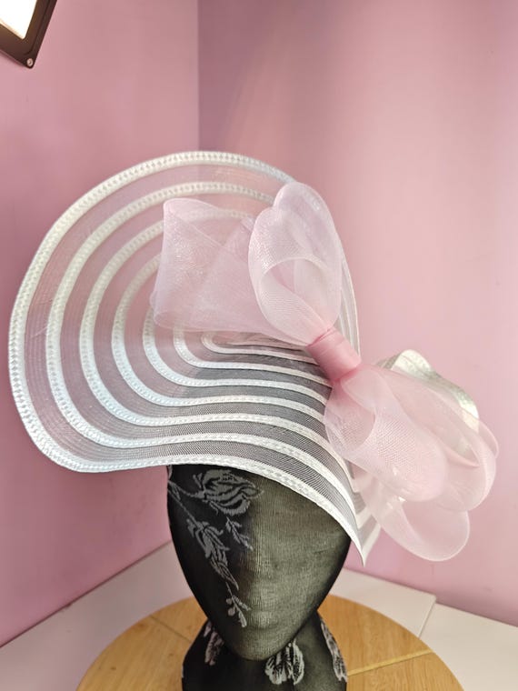 white pink straw crinoline bow fascinator millinery burlesque wedding hat headband royal ascot party house race cosplay Kentucky derby