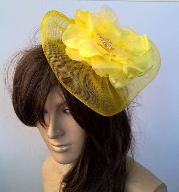 yellow satin flower crin netting fascinator millinery burlesque hair clip hen party bridal ascot race fancy dress british