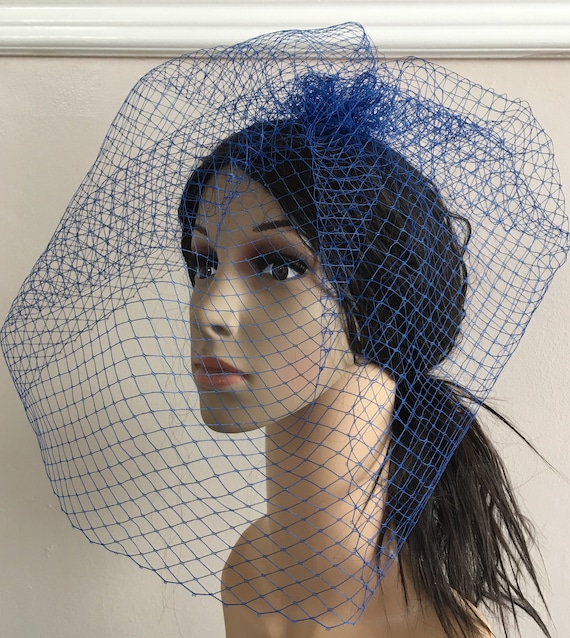 royal blue french veil veiling fascinator millinery burlesque hair clip hen party bridal ascot race fancy dress wedding British hat