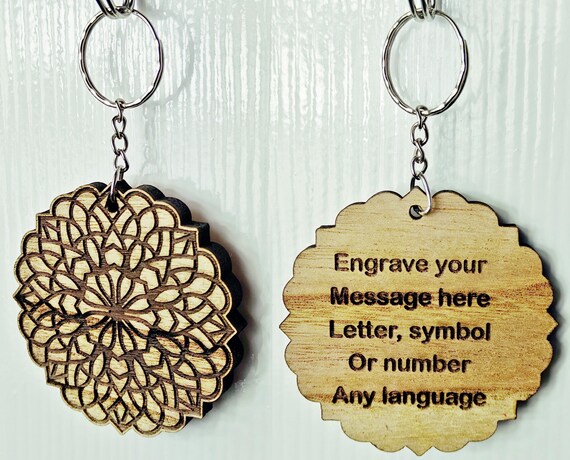 personalised custom made bespoke solid hard wood key chain keyring mandala flower pattern laser cut engraved wenge padauk camphor chinaberry