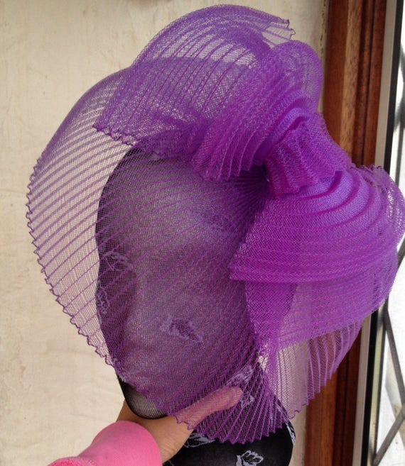 purple feather fascinator millinery burlesque headband wedding hat hair piece