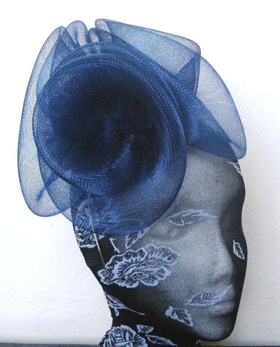 navy blue feather fascinator millinery burlesque headband wedding hat hair piece