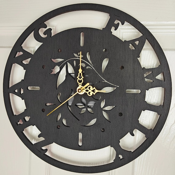 custom made personalised bespoke wood wooden laser cut engraved black wall clock name word letter message birthday wedding anniversary gift