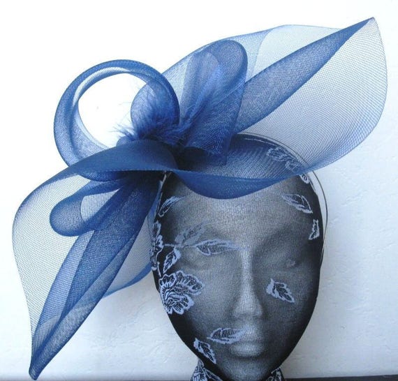 navy blue feather fascinator millinery burlesque headband wedding hat hair piece