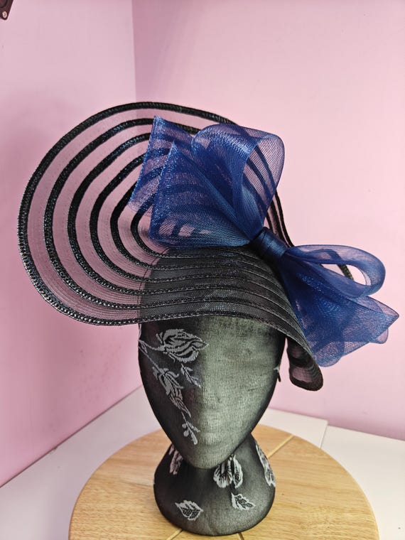 black navy straw crinoline bow fascinator millinery burlesque wedding hat headband royal ascot party house race cosplay Kentucky derby
