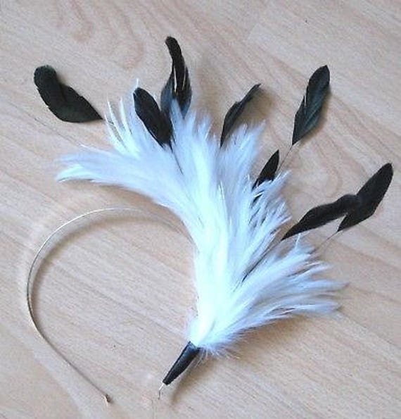 white black feather headband fascinator millinery burlesque hair clip hen party bridal ascot race fancy dress british