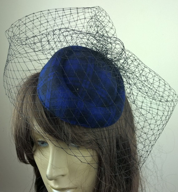 blue tartan pill box hat black french veil veiling fascinator millinery burlesque hair clip hen party bridal ascot race fancy dress