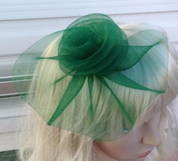 green crin flower netting fascinator millinery burlesque hair clip brooch hen party bridal ascot race fancy dress british