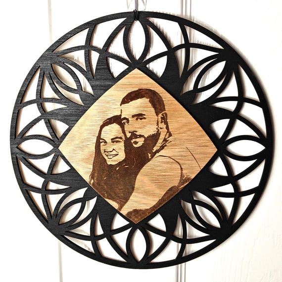 personalised picture photo name message wooden mandala flower pattern wall door decoration laser cut engraved home art wood sign fairy light
