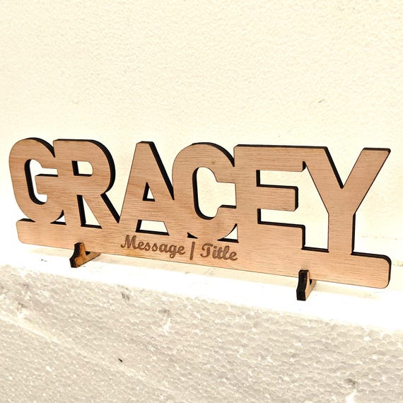 Personalised bespoke custom made laser cut engraved wood name word desk table stand free standing wall door plaque  sign logo design service