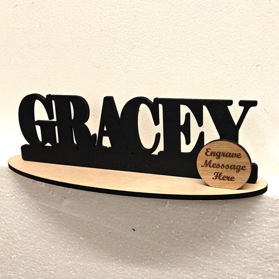 Black personalised custom made laser cut engraved wood wooden letter name word number desk table stand plaque sign logo design office home