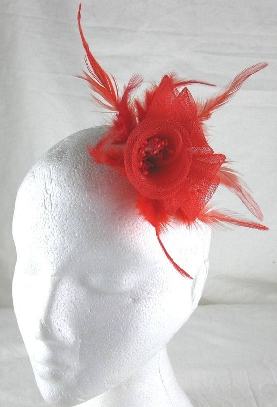 red crin flower netting feather fascinator millinery burlesque hair clip brooch hen party bridal ascot race fancy dress british