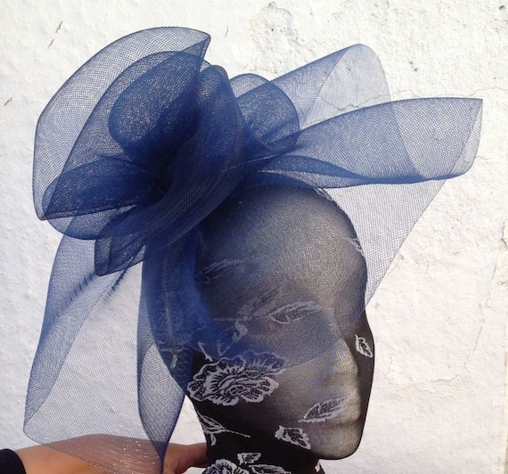 navy blue feather fascinator millinery burlesque headband wedding hat hair piece