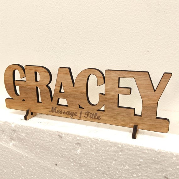 Personalised bespoke custom made laser cut engraved wood name word desk table stand free standing wall door plaque  sign logo design service