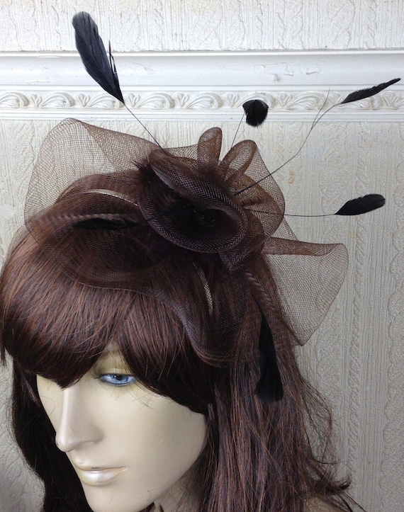 brown feather fascinator millinery burlesque headband wedding hat hair piece