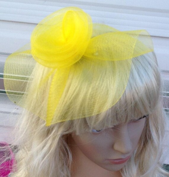 yellow crin flower netting fascinator millinery burlesque hair clip brooch hen party bridal ascot race fancy dress british