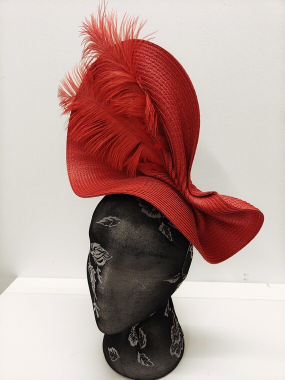 red large straw fascinator millinery burlesque wedding hat on headband ascot party race cosplay handmade unique design