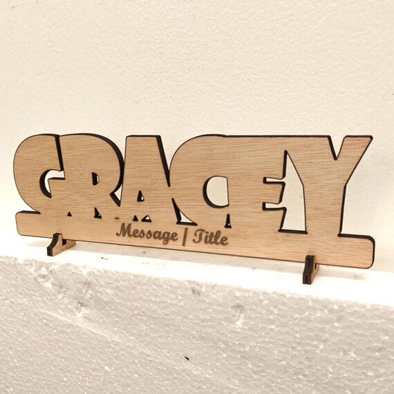 Personalised bespoke custom made laser cut engraved wood name word desk table stand free standing wall door plaque  sign logo design service