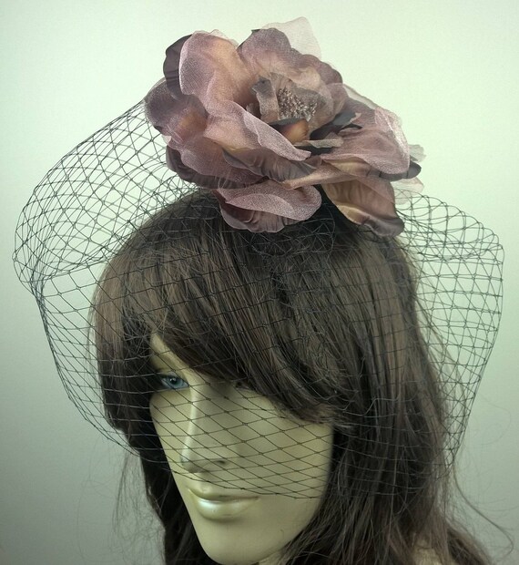brown satin flower black french veil veiling fascinator millinery burlesque hair clip hen party bridal ascot race fancy dress british