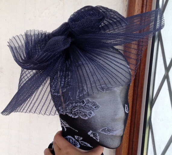 navy blue feather fascinator millinery burlesque headband wedding hat hair piece
