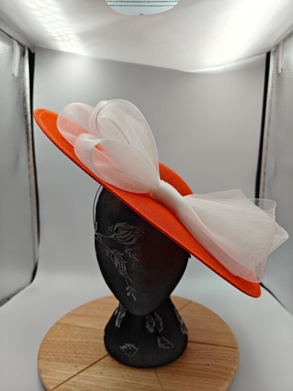 orange white large fascinator millinery burlesque wedding hat headband party race cosplay handmade Kentucky Derby Royal Ascot