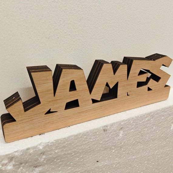 Personalised bespoke custom made laser cut engraved wood name word desk table stand free standing wall door plaque  sign logo design service