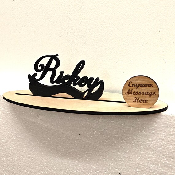 Black personalised custom made laser cut engraved wood wooden letter name word number desk table stand plaque sign logo design office home