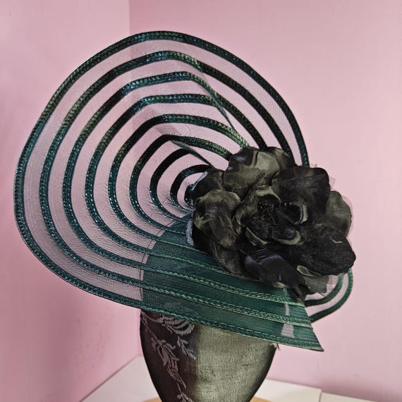 green black large fascinator satin flower millinery wedding hat headband party race handmade cosplay Kentucky Derby Royal Ascot