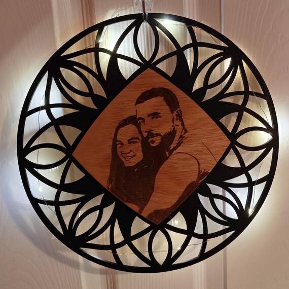 personalised picture photo name message wooden mandala flower pattern wall door decoration laser cut engraved home art wood sign fairy light