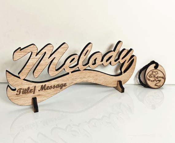Personalised bespoke custom made laser cut engraved wood name word desk table stand free standing wall door plaque  sign logo design service