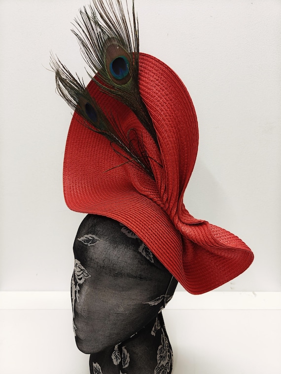 red large straw fascinator millinery burlesque wedding hat on headband ascot party race cosplay handmade unique design