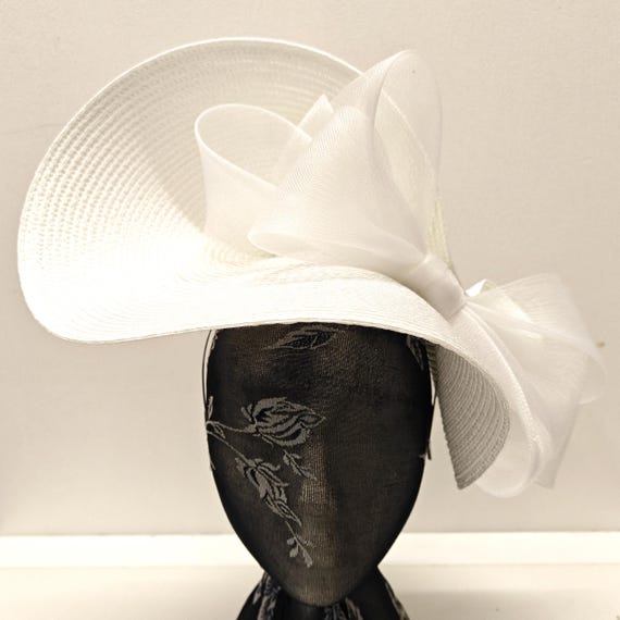 white straw crinoline bow fascinator millinery burlesque wedding hat on headband ascot party race cosplay