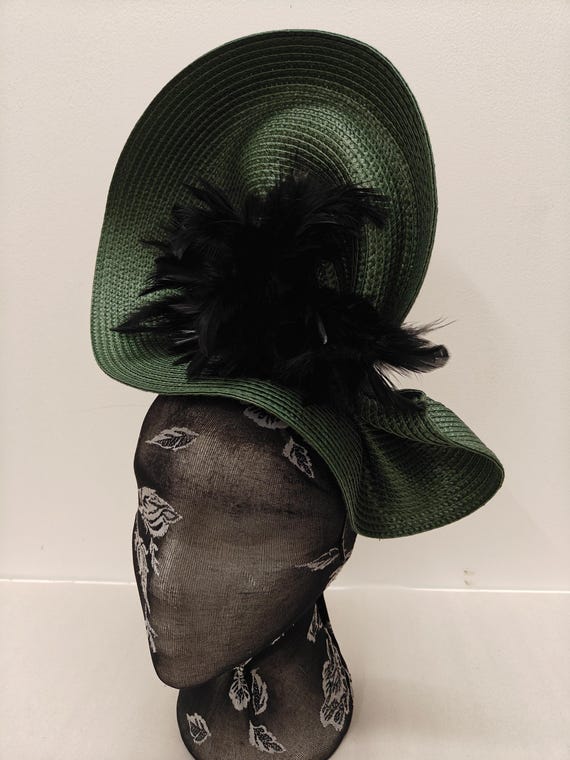 dark green black large straw fascinator flower millinery burlesque wedding hat on headband ascot party race cosplay handmade unique design
