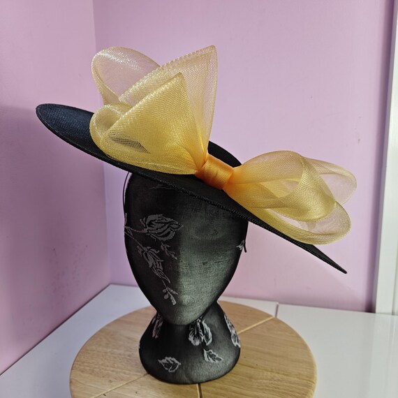 black gold yellow large fascinator millinery burlesque wedding hat headband party race cosplay handmade Kentucky Derby Royal Ascot