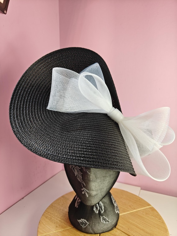 black white straw crinoline bow fascinator millinery burlesque wedding hat on headband royal ascot party house race cosplay Kentucky derby