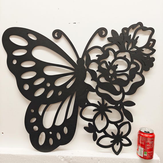 630mm x 550mm black wooden butterfly flower wall door decoration hanging picture laser cut 5mm plywood home art wood sign deco craft large