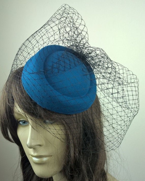 turquoise pill box hat black french veil veiling fascinator millinery burlesque hair clip hen party bridal ascot race fancy dress