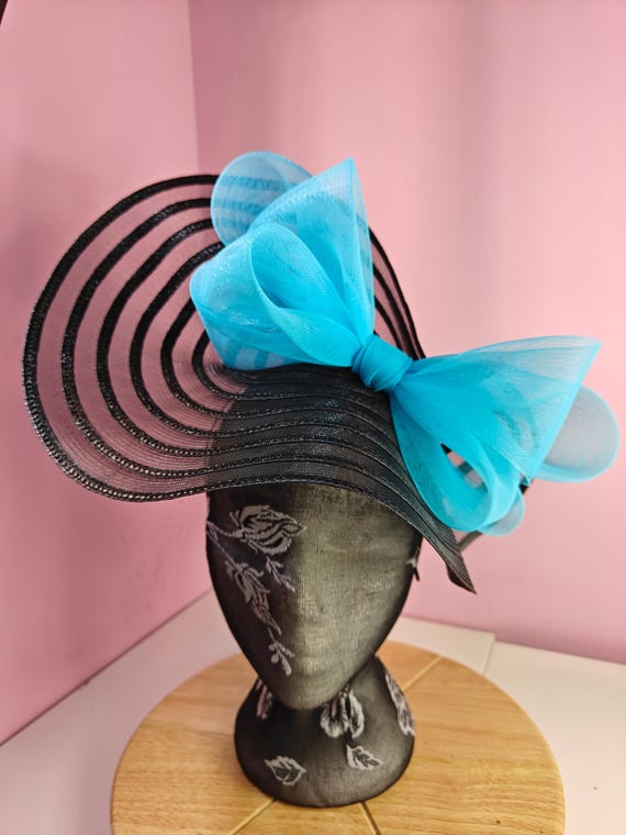 black turquoise straw crinoline bow fascinator millinery burlesque wedding hat headband royal ascot party house race cosplay Kentucky derby