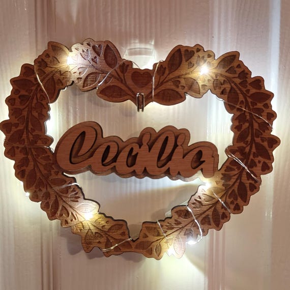 Personalised bespoke laser cut engrave wood name word desk table stand free standing wall door plaque card sign logo design fairy light